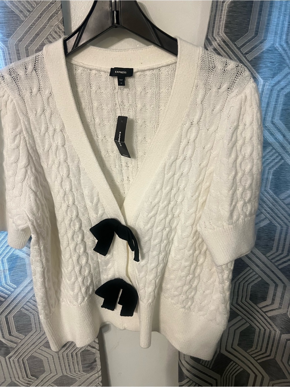 Express Cream Cable-Knit Short-Sleeve Cardigan with Black Bow Accents